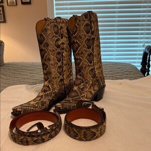 Lucchese Snakeskin Cowboy Boots and 2 Belt Set
